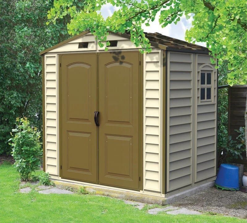 DuraMax 8ft x 6ft Storeall Vinyl Shed with Foundation Kit and window - Image 1