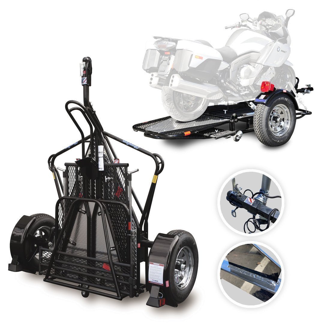Go! Series Single Rail Folding Motorcycle Trailers – Deluxe Chrome Wheels Balanced - Image 1